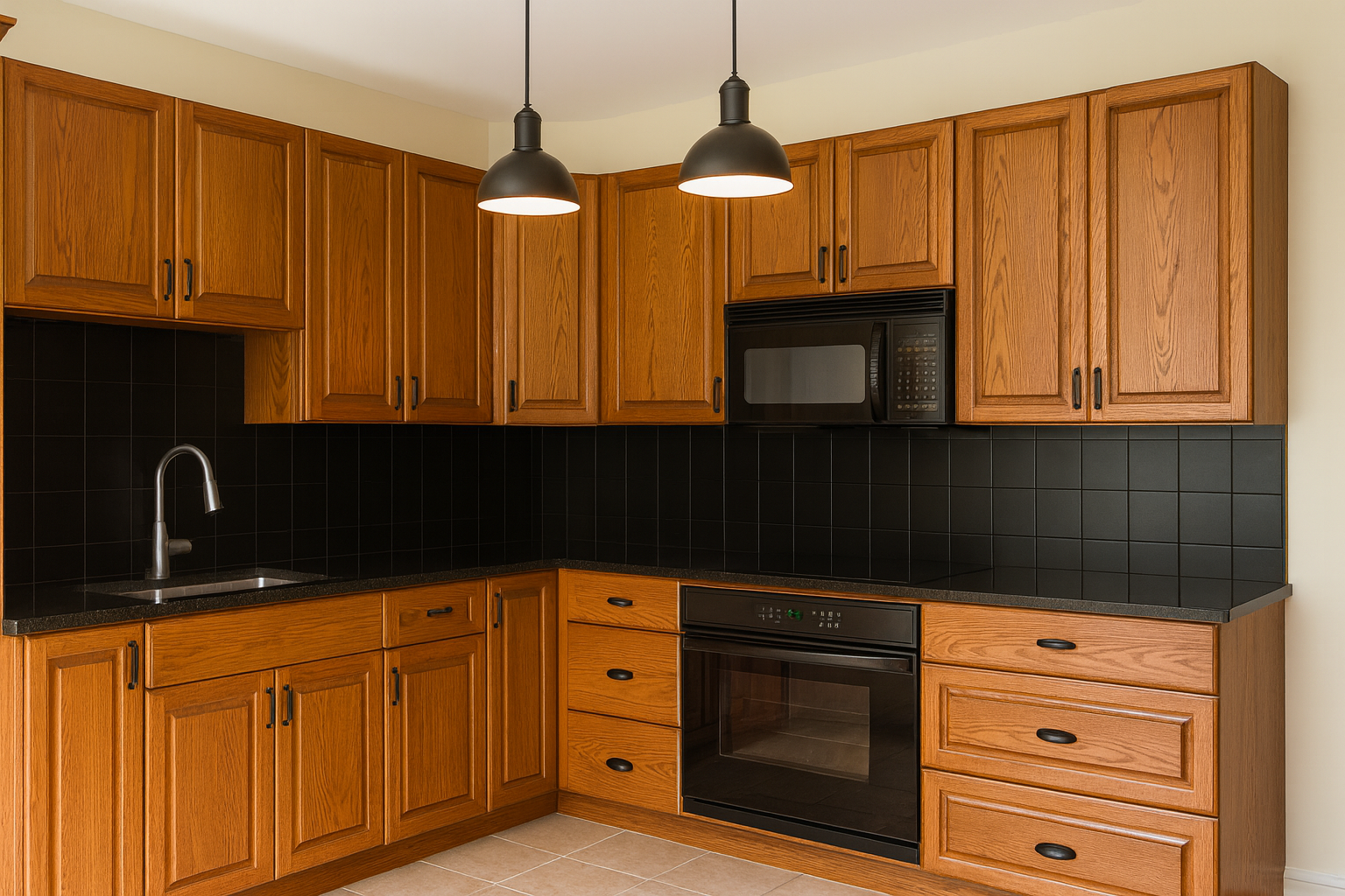 Kitchen with honey oak cabinets, black granite countertops, and pendant lighting.