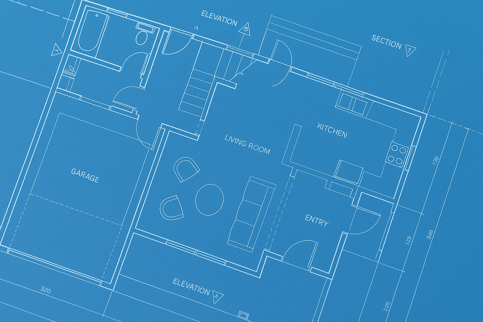 A blueprint of a residential house floor plan with walls, dimensions, and layout shown.