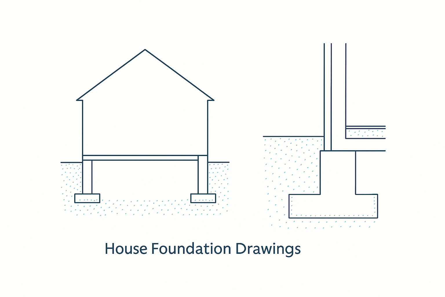 Architectural foundation drawings with footing, slab, and wall details