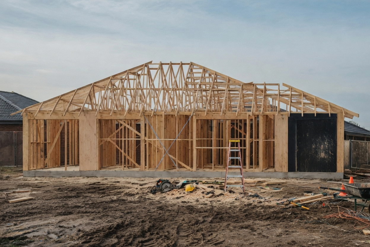 Wooden house framing with roof trusses under clear blue sky at a construction site.
