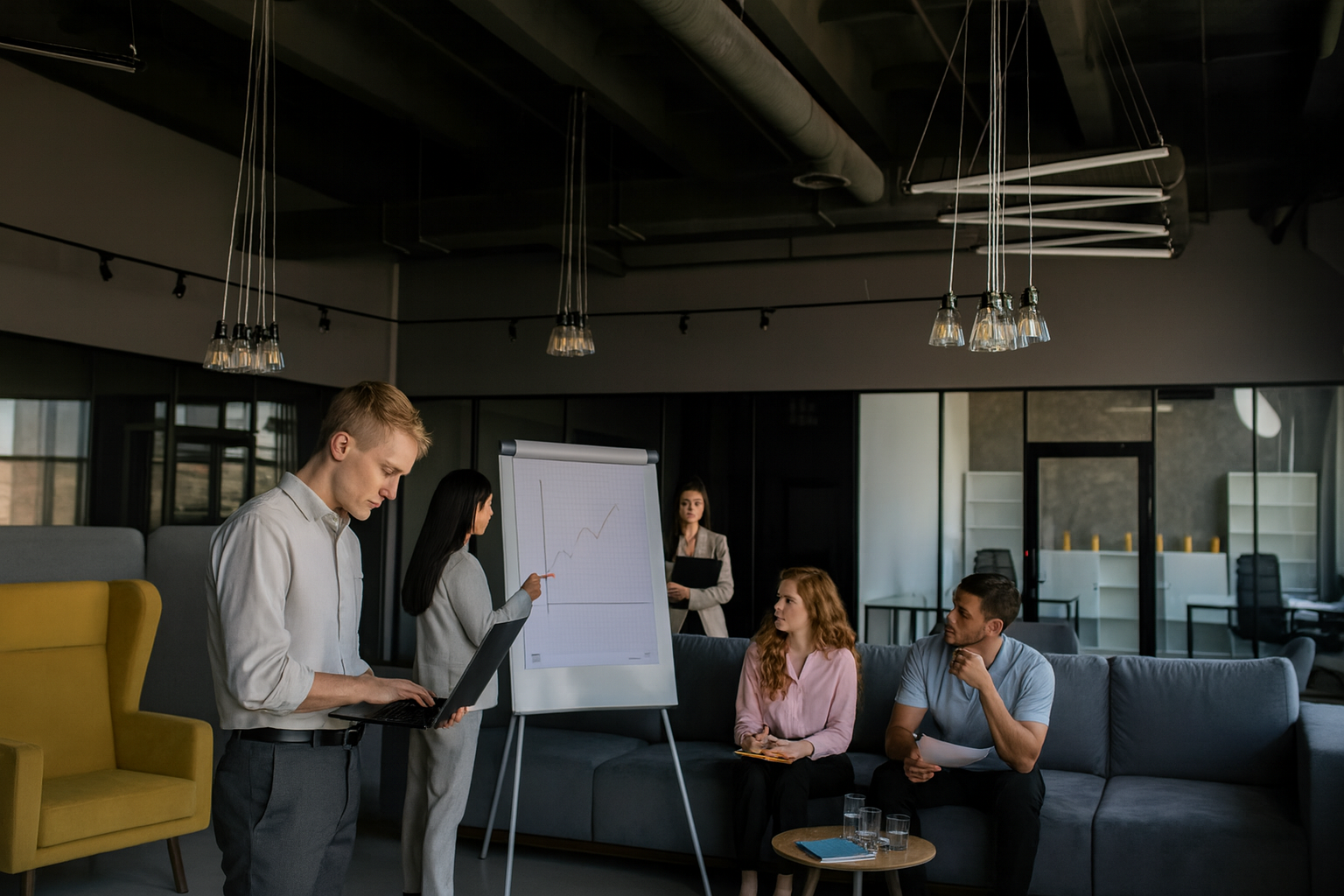 Professionals in business attire meeting around a flip chart in an industrial office.