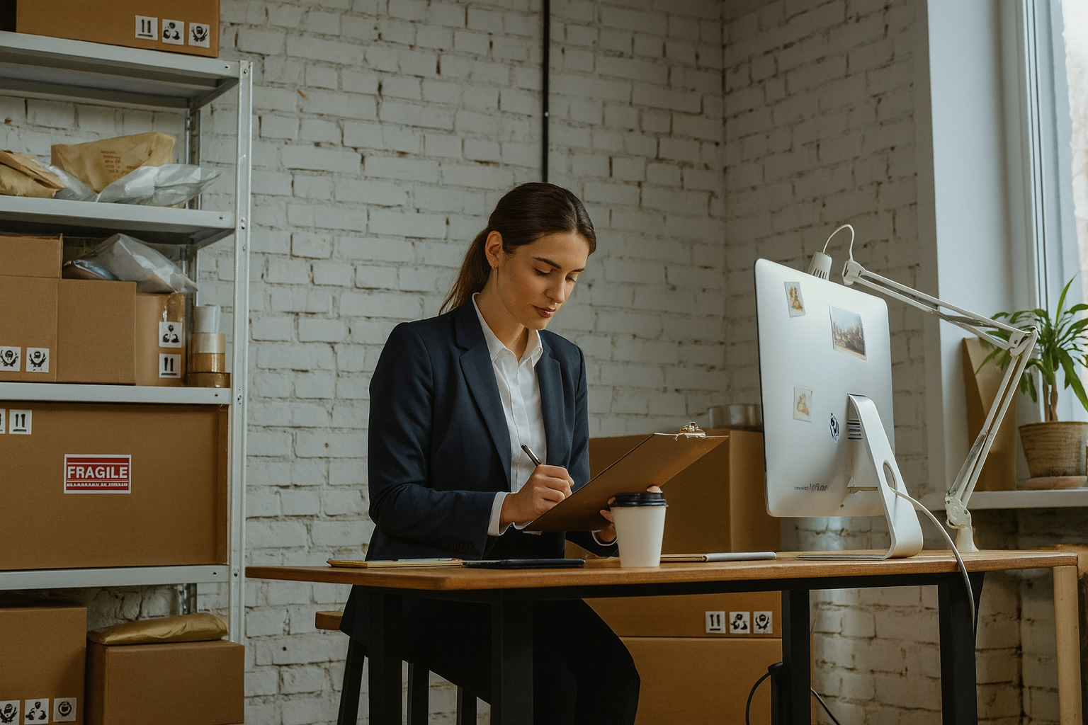 Professional woman in modern industrial office with brick walls and computer.
