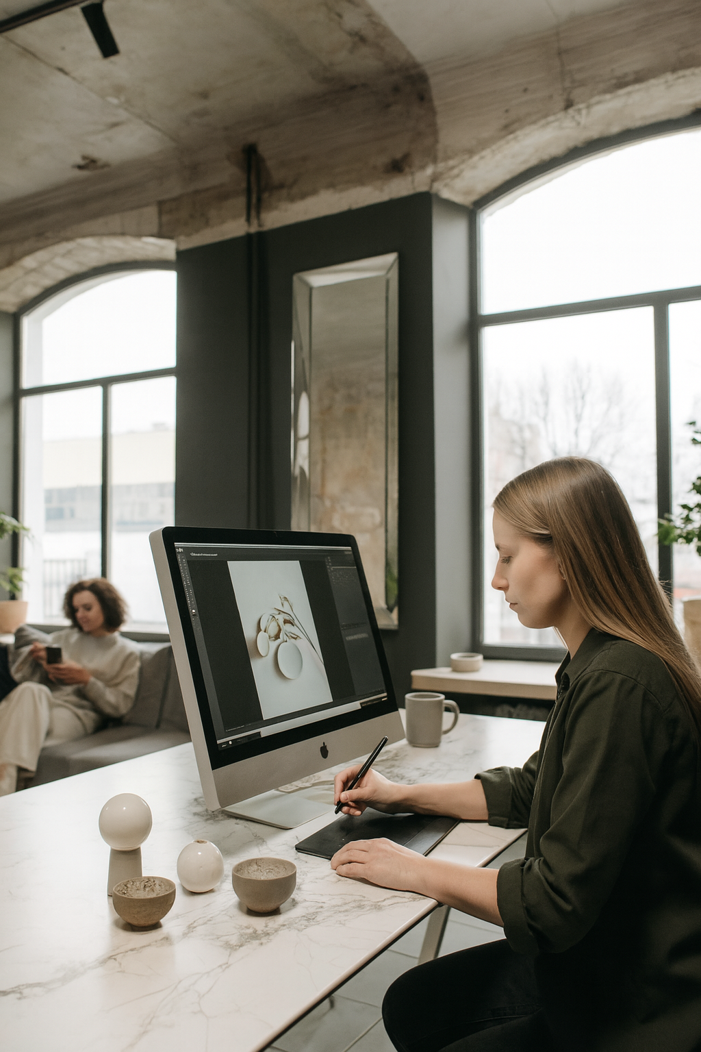 Professional woman working at a computer in an industrial loft office with marble desk.