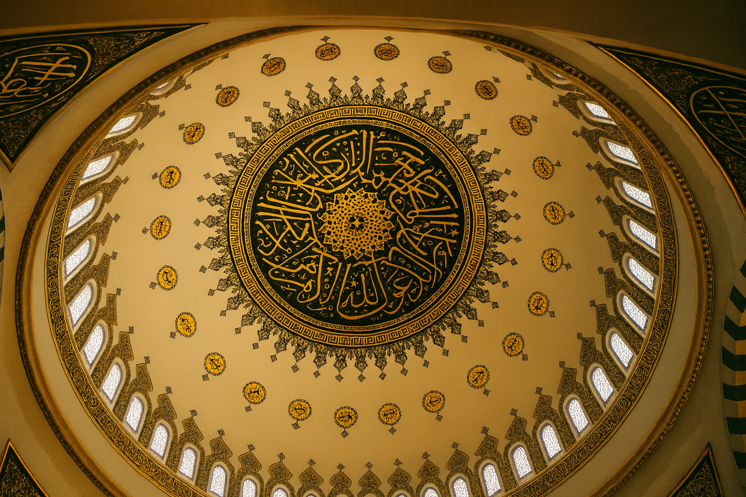 Ornate Islamic mosque dome with golden calligraphy and geometric designs.