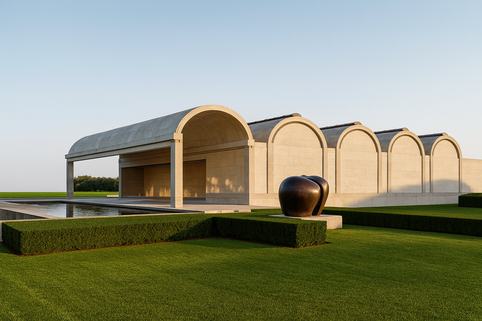 Kimbell Art Museum with parametric arch pattern, reflective pool, and central sculpture.
