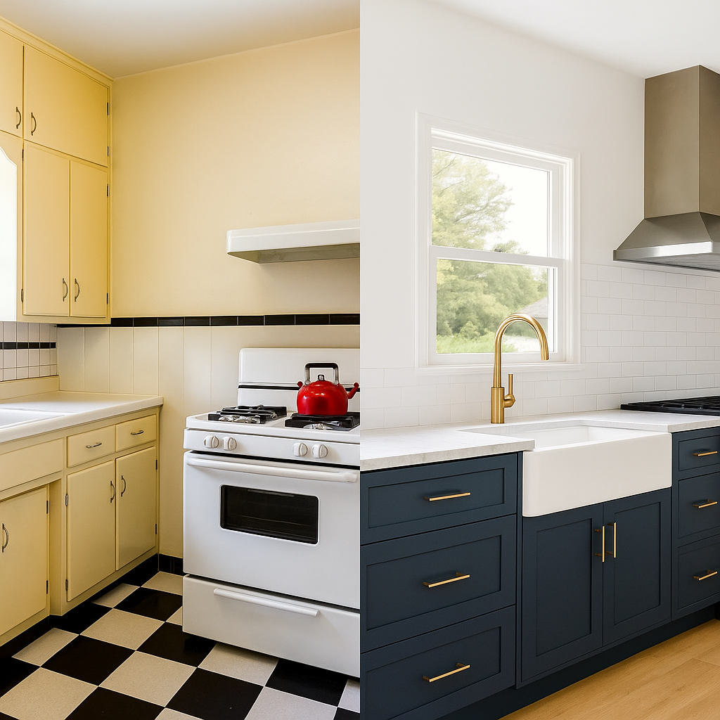 1930s kitchen flooring renovation with checkerboard floor and cream cabinets.