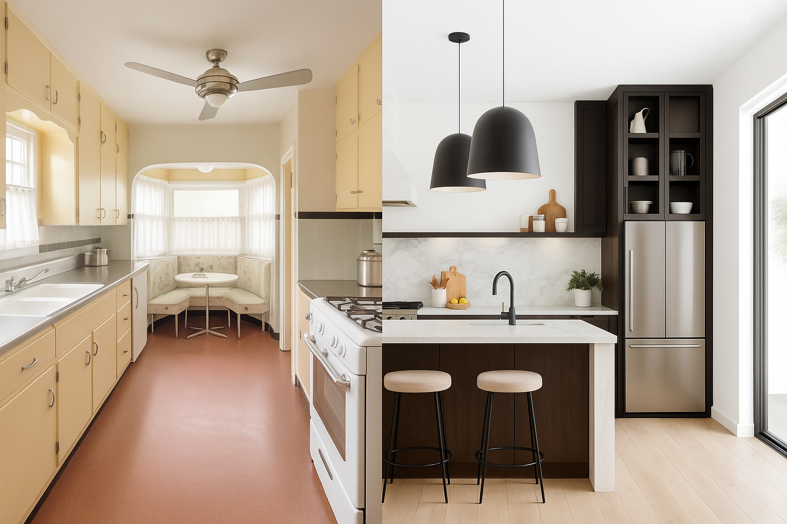 Side-by-side view of a remodeled modern kitchen next to a retro 1950s-style kitchen.