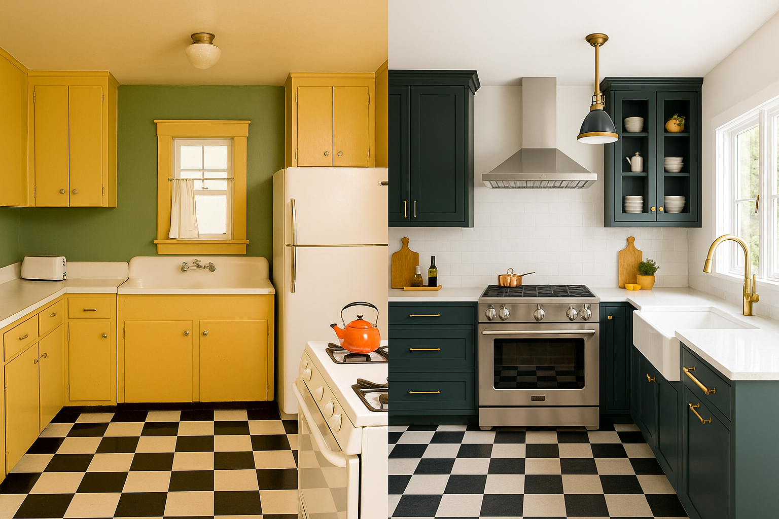  Side-by-side comparison of kitchen before and after renovation with bold style and color changes.