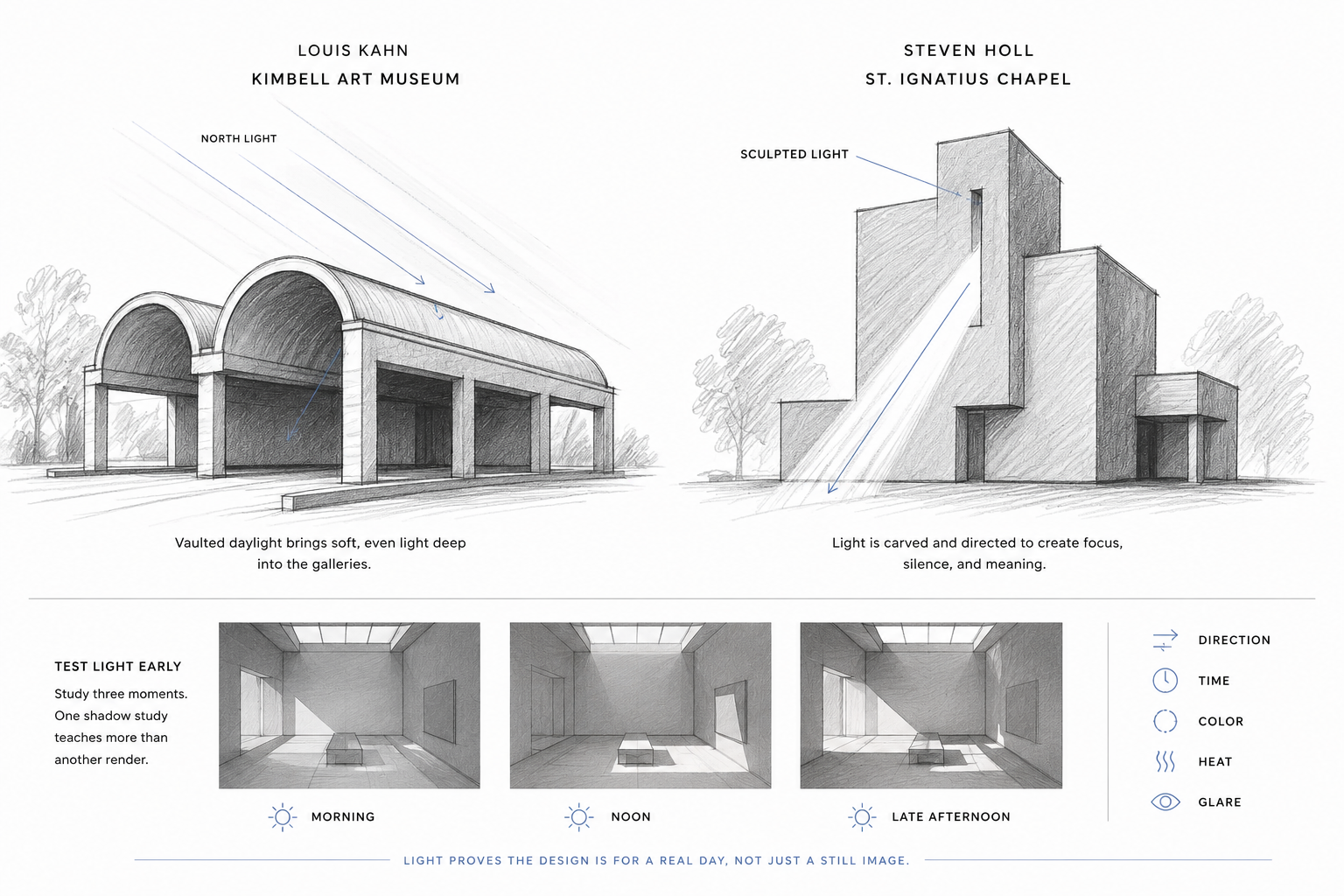 Architectural daylight diagram comparing vaulted north light, sculpted light, and room shadow studies at morning, noon, and late afternoon.