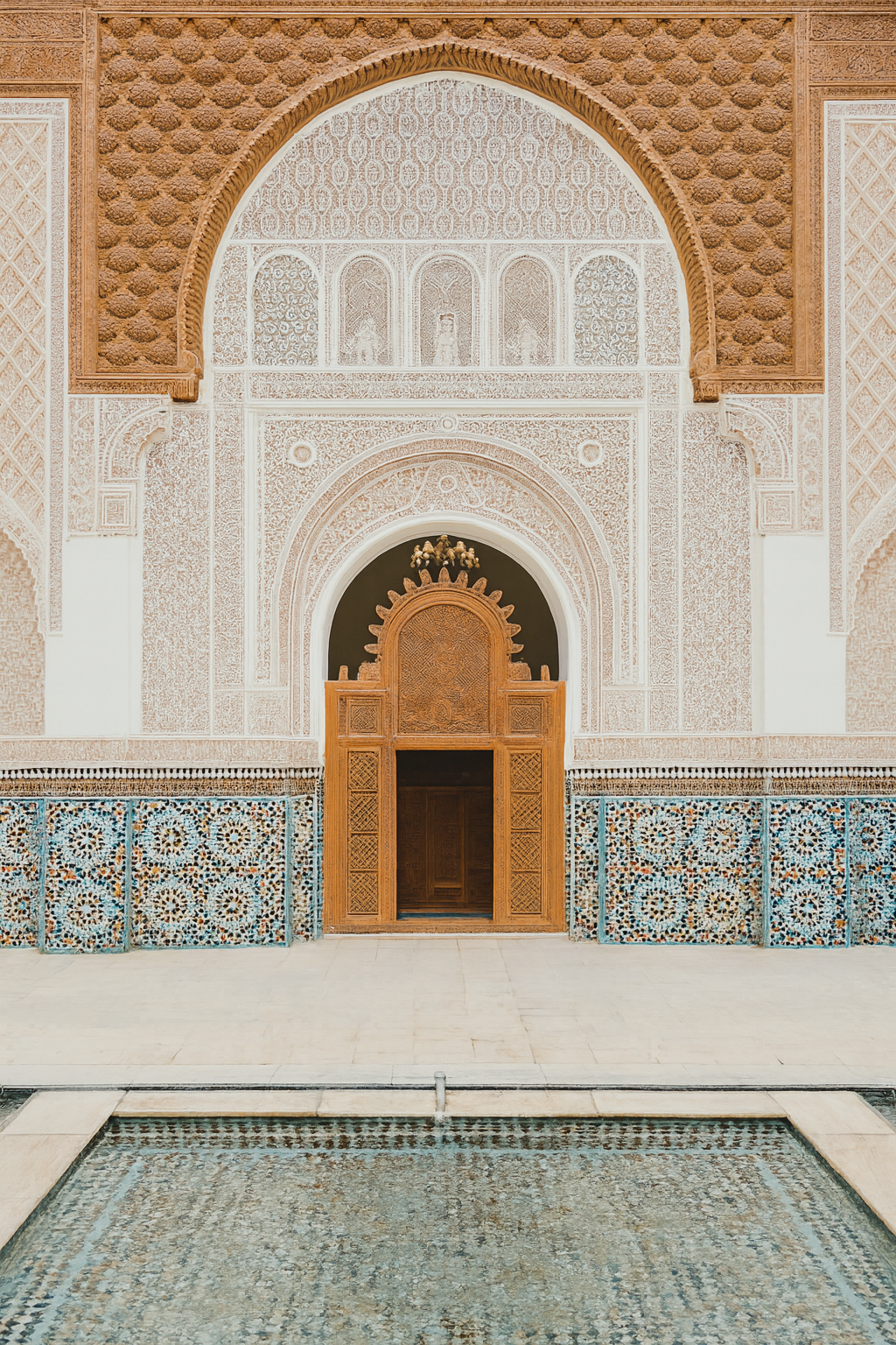 Moroccan architecture in Marrakech with arabesque patterns and decorative lanterns.