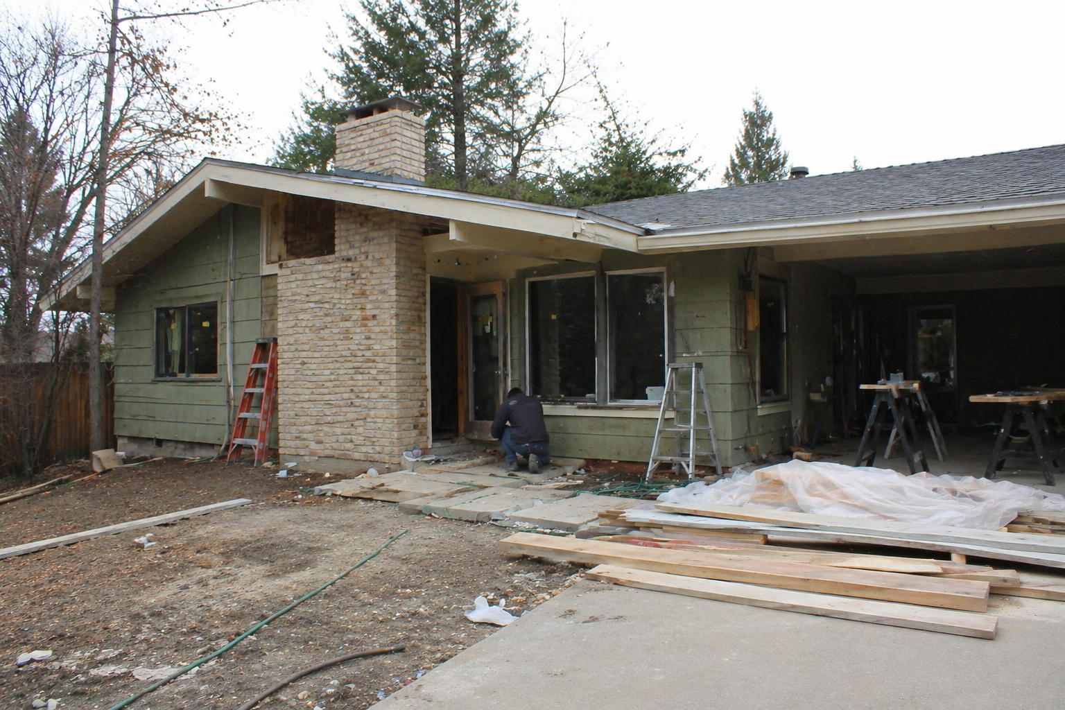 1950s ranch house restoration with exposed siding, brick chimney, open work areas, ladders, lumber, and a worker near the entry.