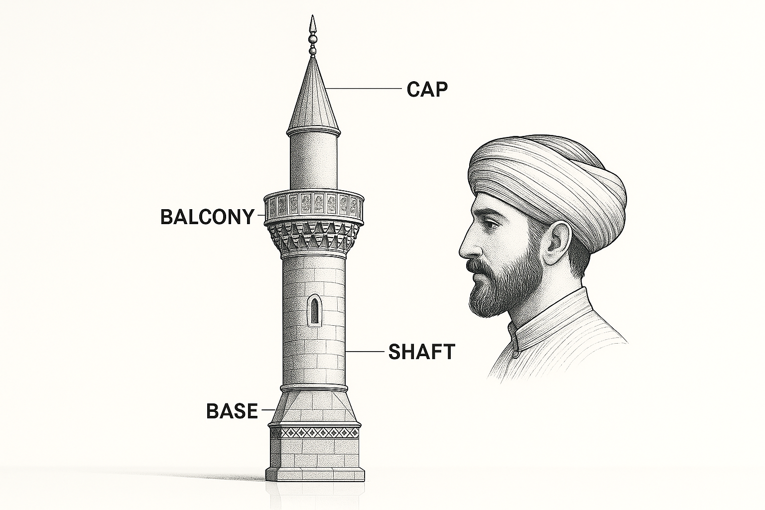Showing labeled minaret next to turbaned man to highlight architectural inspiration.