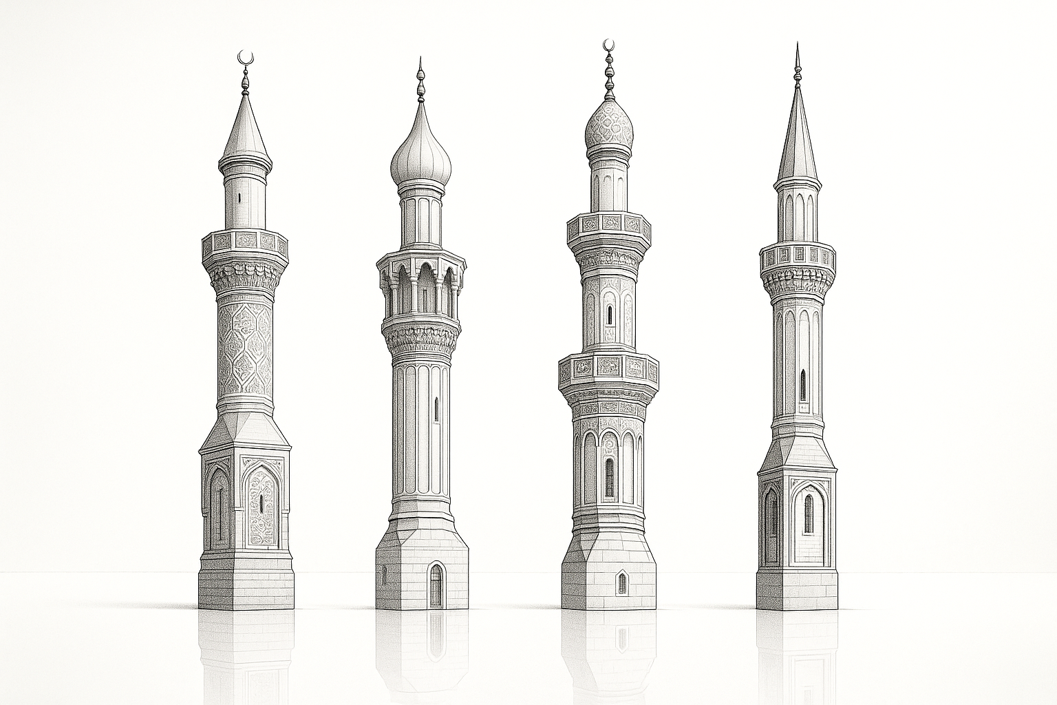 Showing four different minaret styles with fine linework on white reflective background.