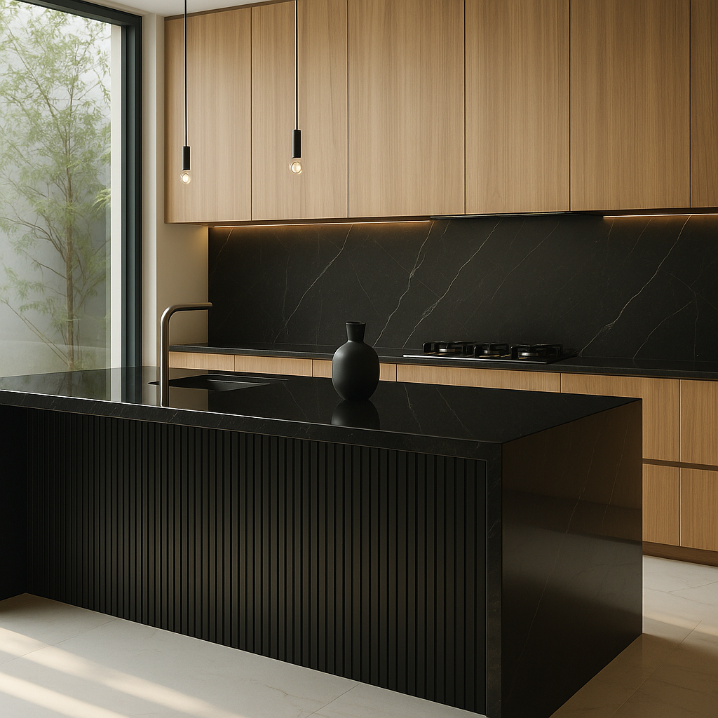 Minimal Scandinavian kitchen with oak cabinets, black countertops, and light floors.