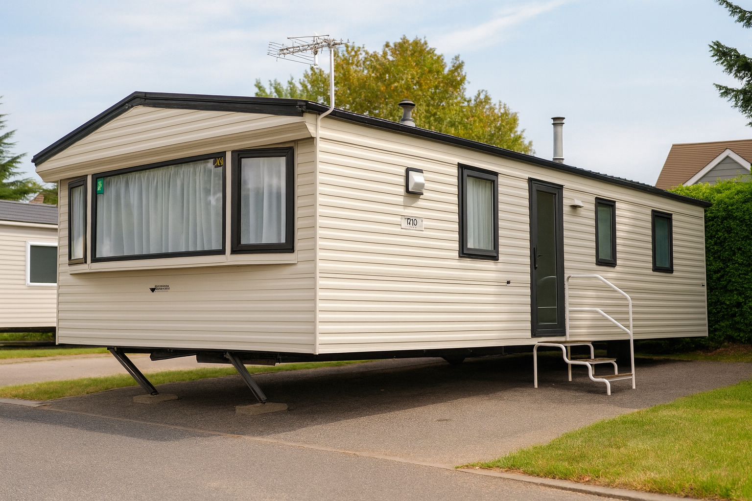  A mobile home with black trim set on a paved driveway in a suburban neighborhood.