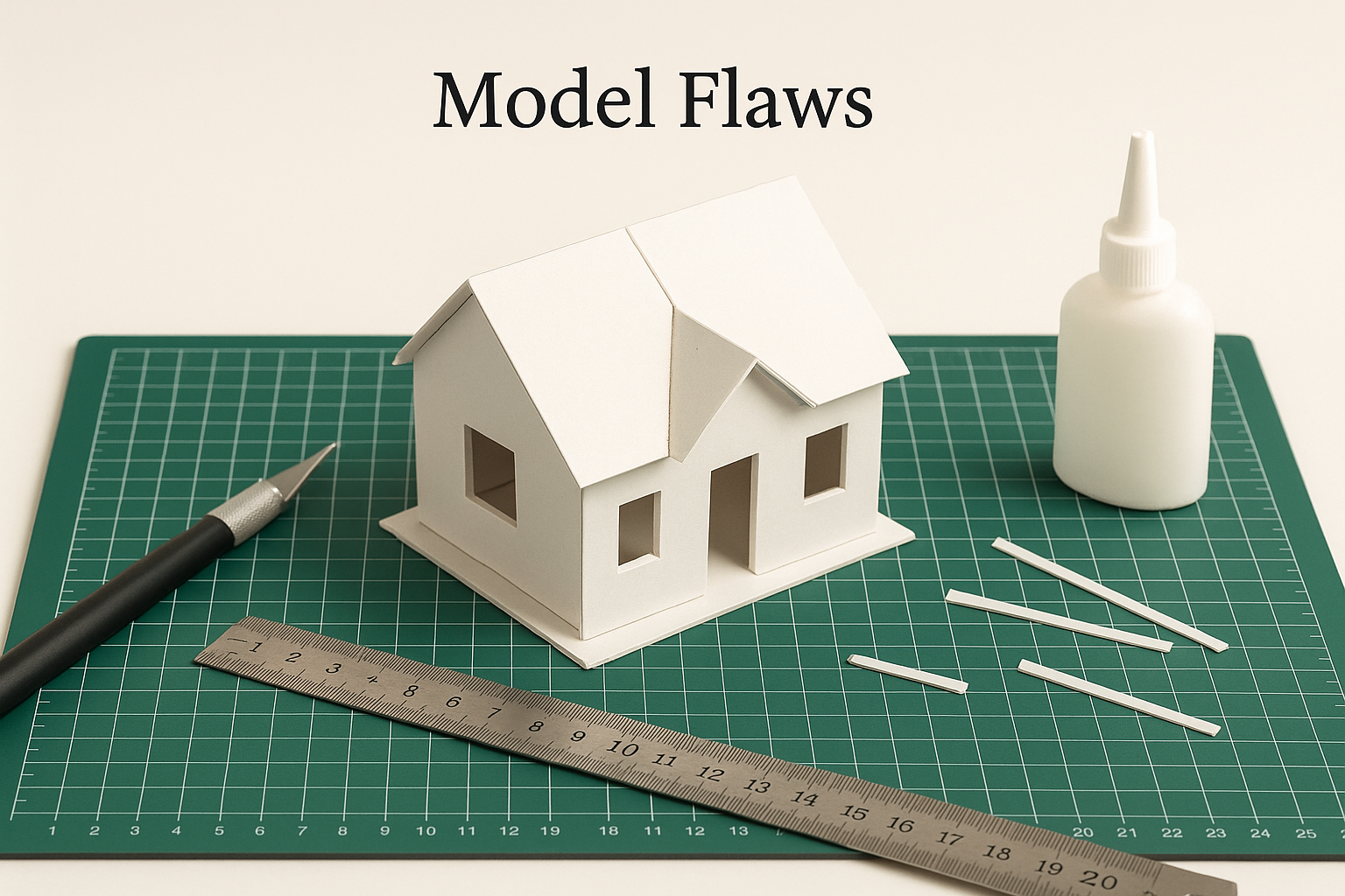 Partially built white architectural model with tools.