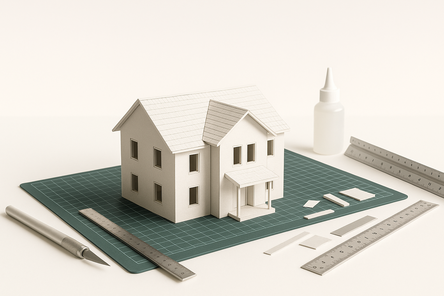 Precision architectural model‐making tools with a half‐built white house model on a green cutting mat.