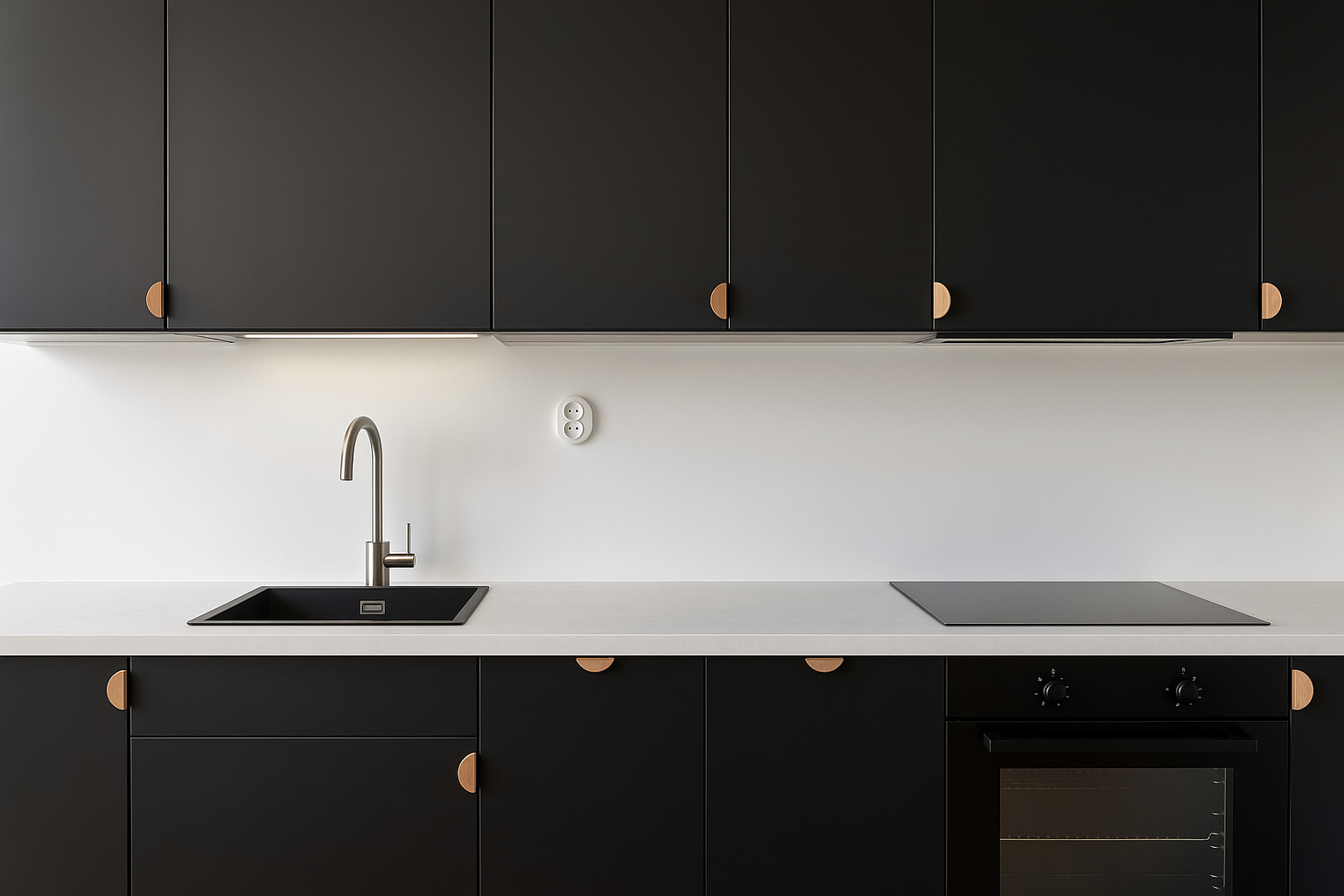 Modern kitchen with black cabinets, white countertops, and premium finishes.