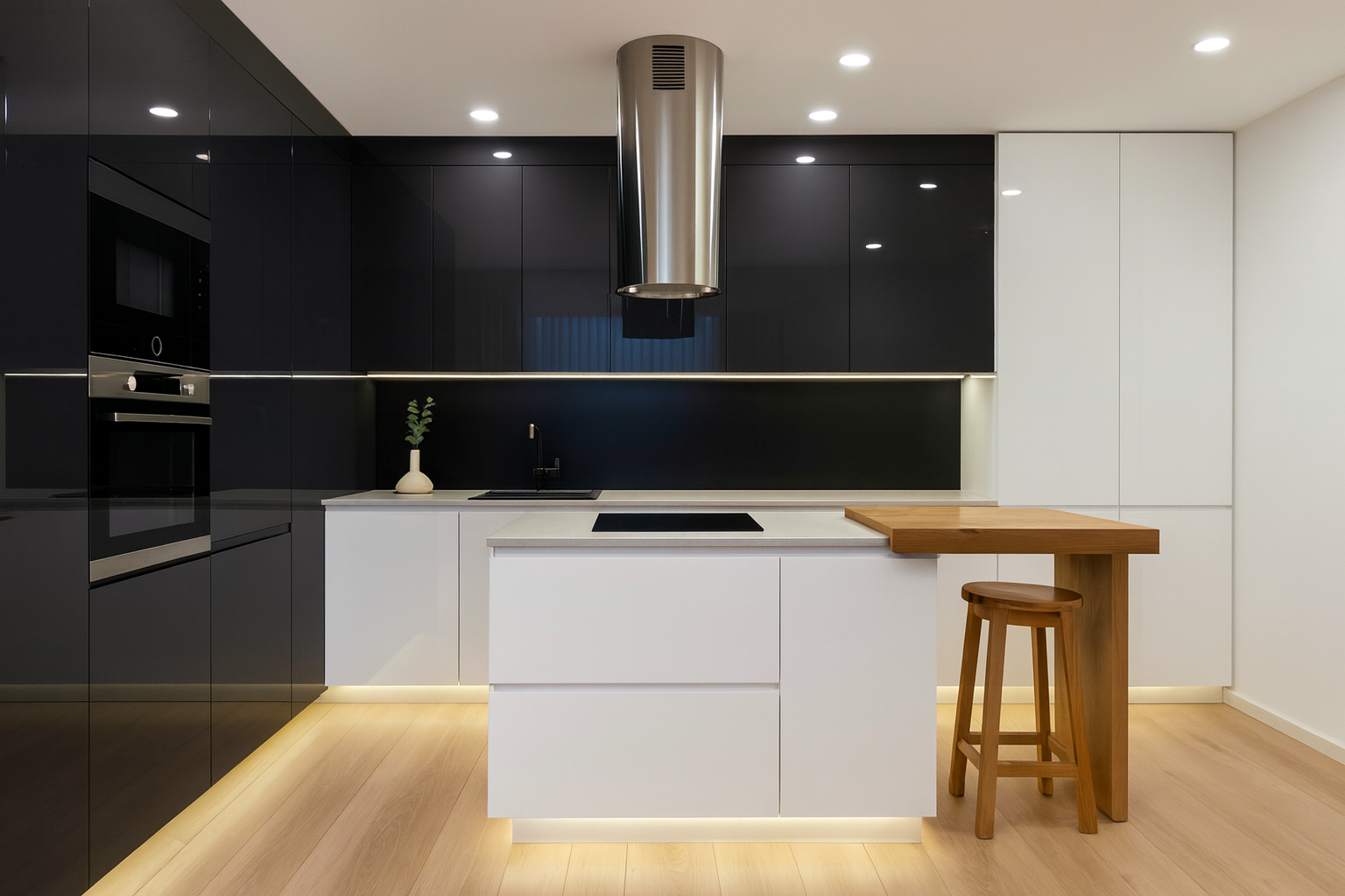 Modern kitchen with black cabinets, white countertops, wood accents, and minimalist lighting