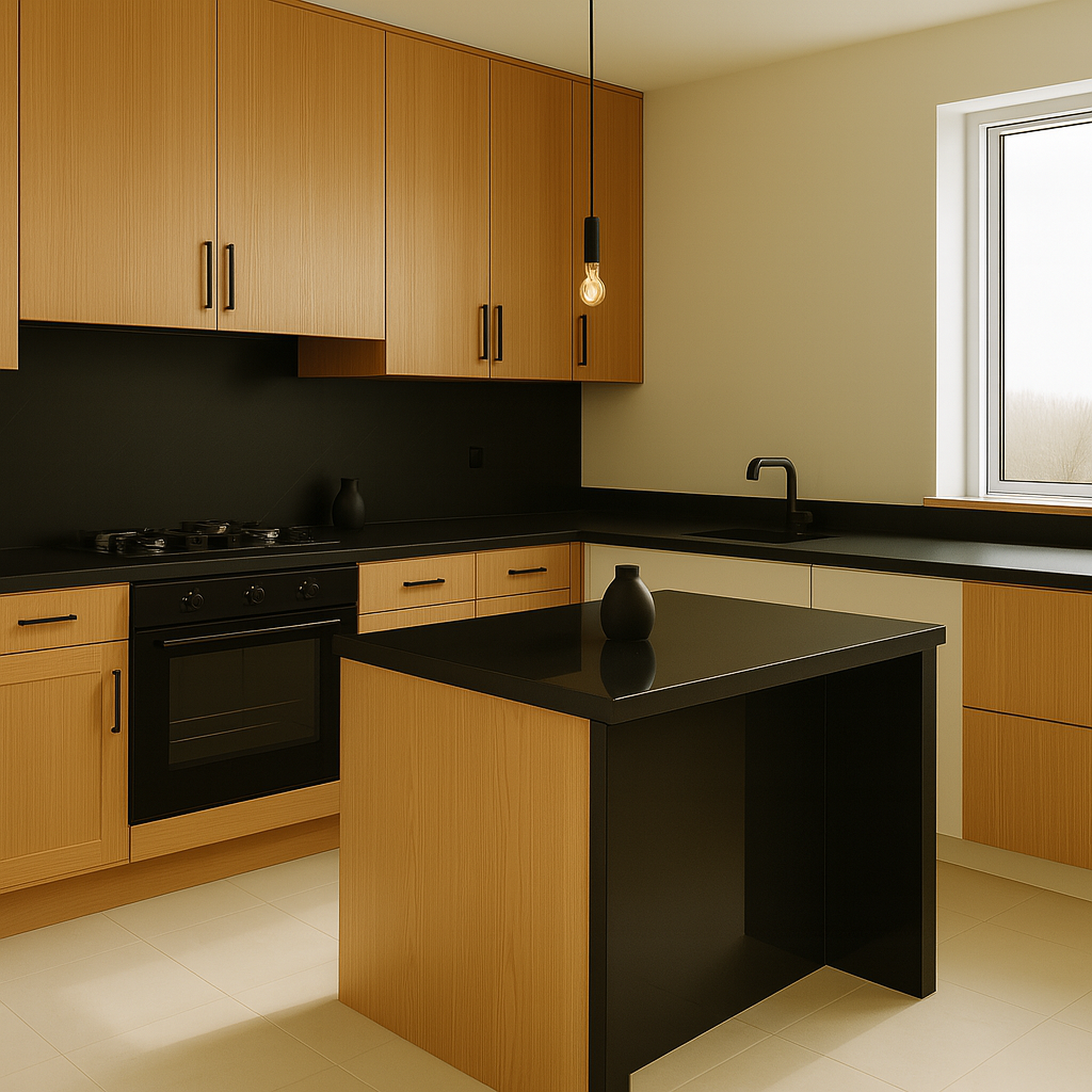Renovated kitchen with honey oak cabinets, black granite countertops, and modern pendant lighting.