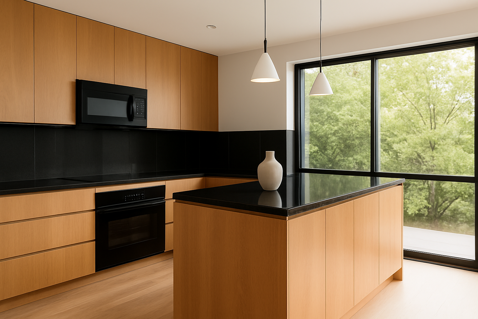 Modern honey oak kitchen with black granite countertops and pendant lighting.