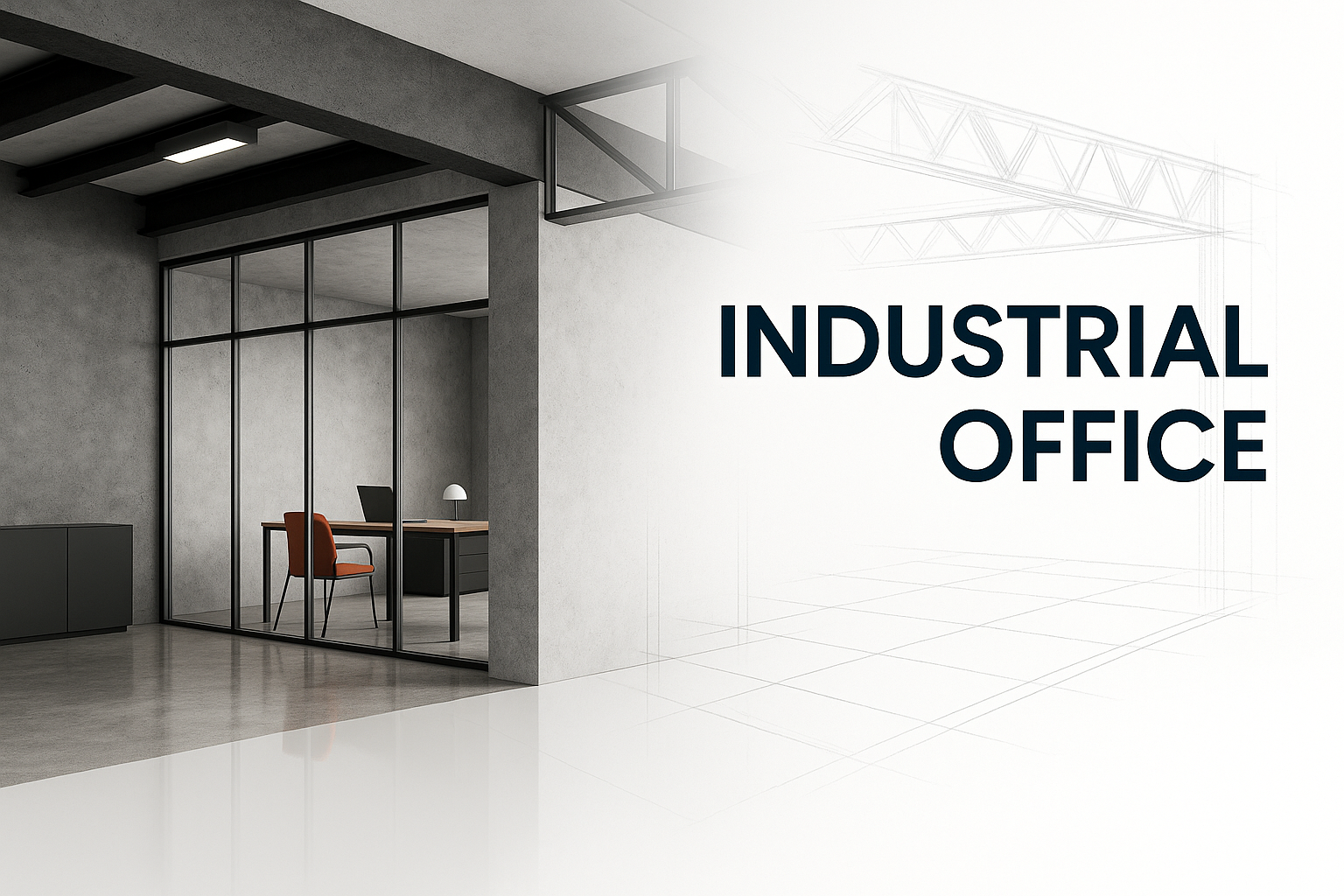 Modern industrial office with exposed steel beams, concrete walls, and glass partitions in glossy reflective style.