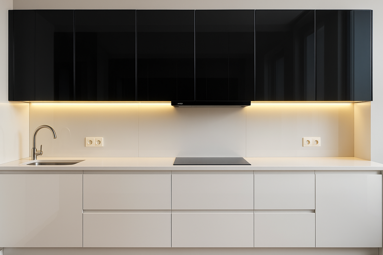 Modern kitchen with black cabinets, white countertops, and soft under-cabinet lighting.