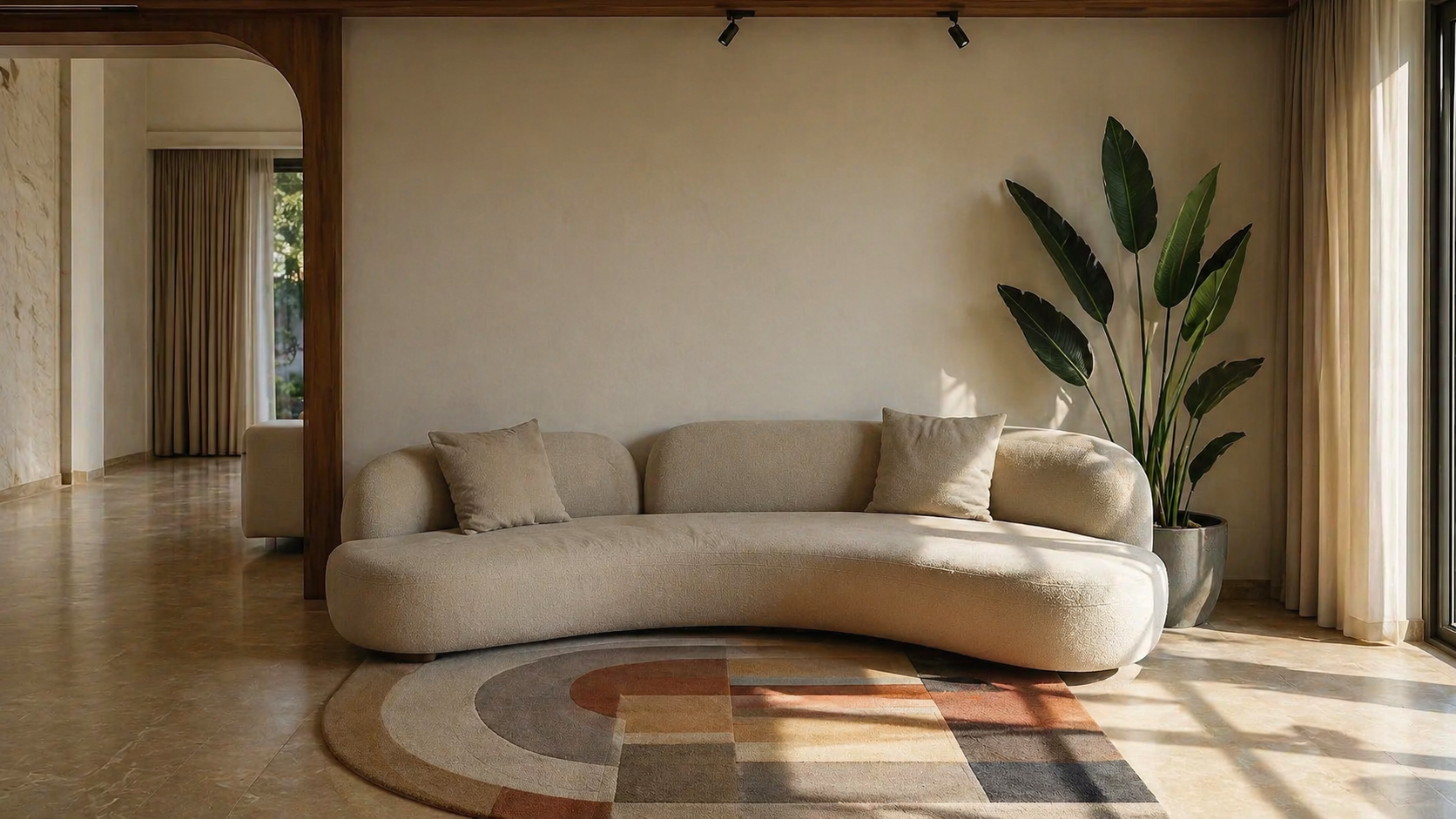 Modern living room showing design principles through balance, rhythm, color, proportion, and natural light.