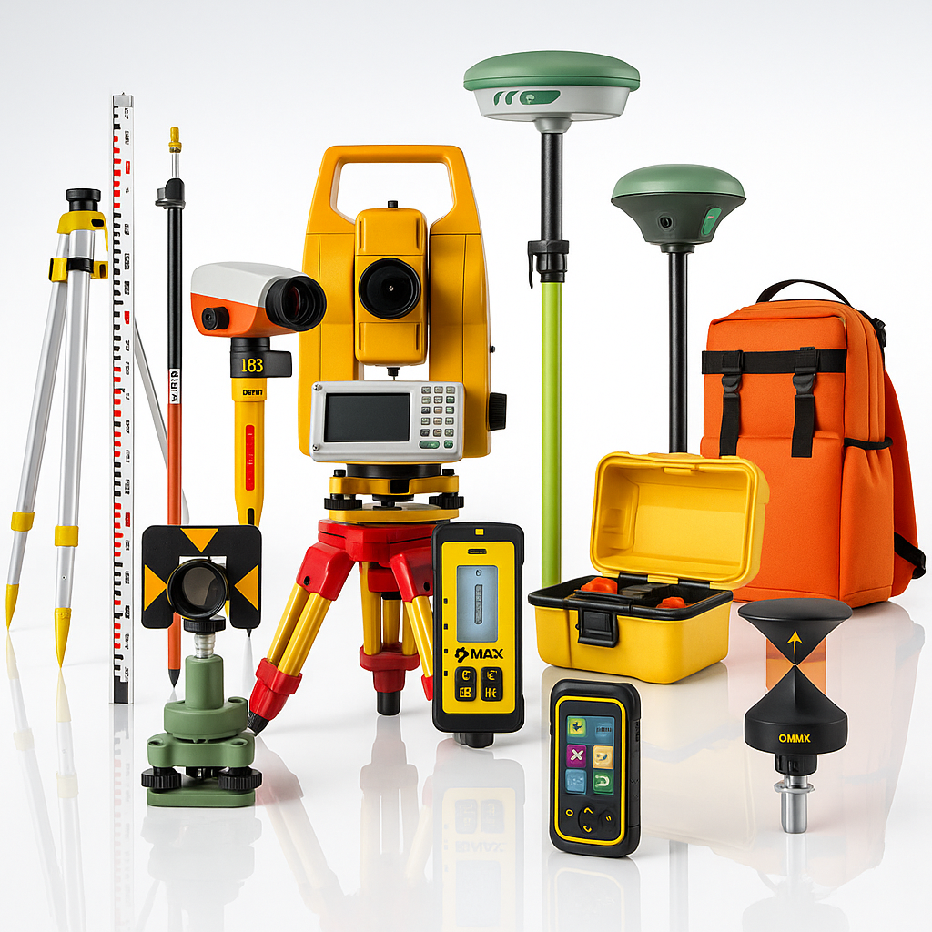 Modern surveying equipment including tripods, total station, GPS rovers, and accessories.