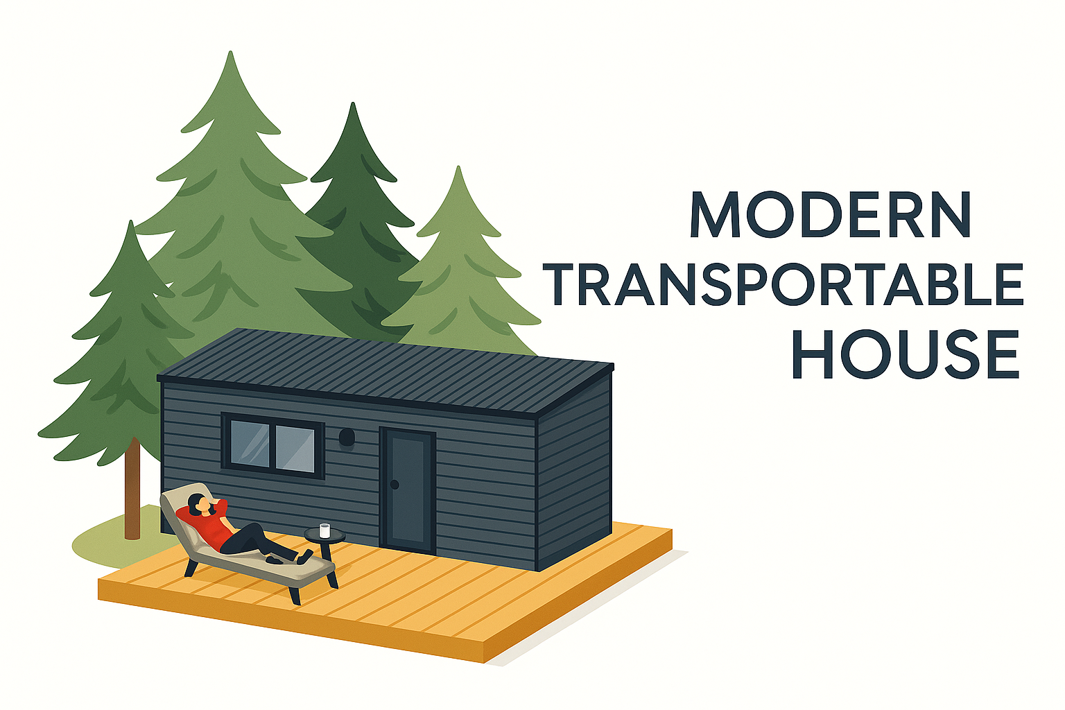 A transportable modern house with a person lounging on a deck surrounded by trees.