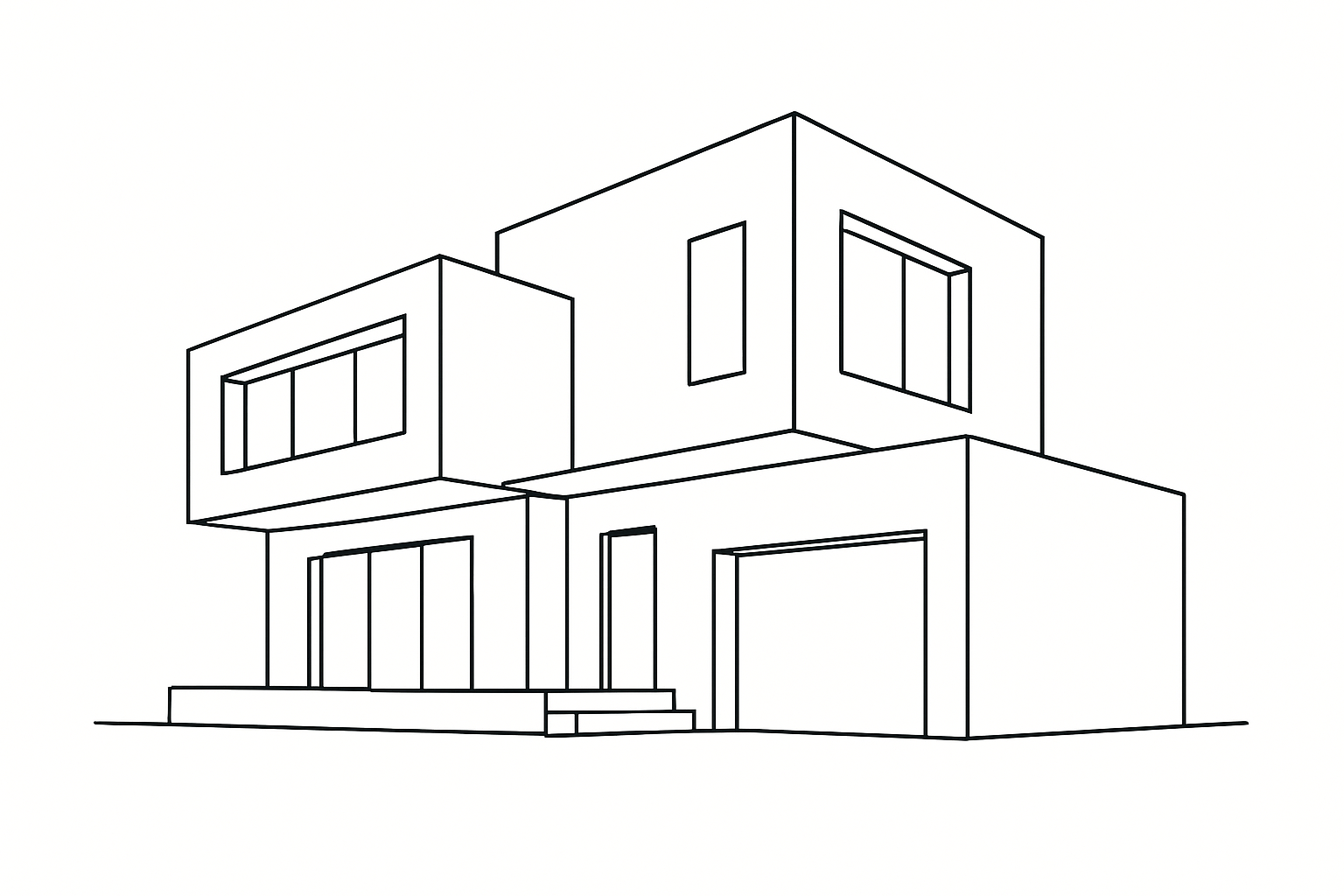 A drawing of a modern two-story house with flat roof and clean geometry.