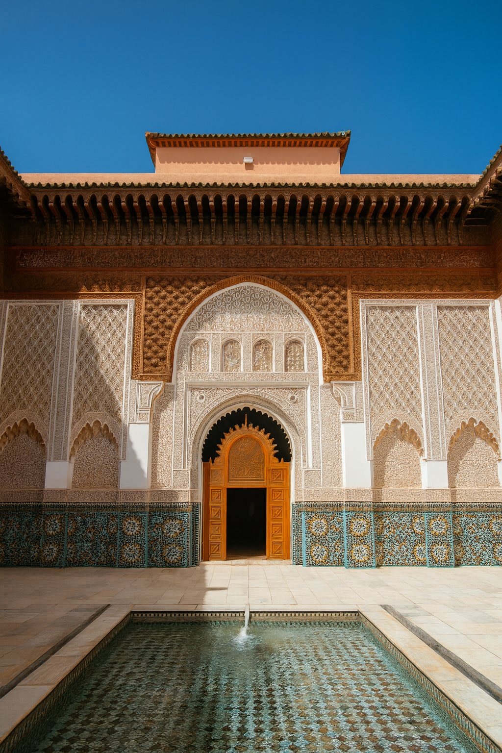 Moroccan architecture in Marrakech featuring Arabesque and Islamic geometric patterns.