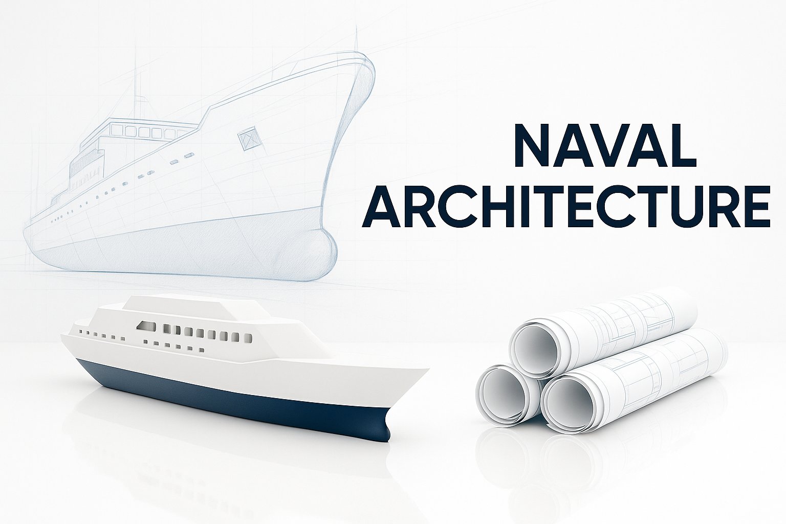 A ship hull model with blueprint sketches, symbolizing naval architecture education.
