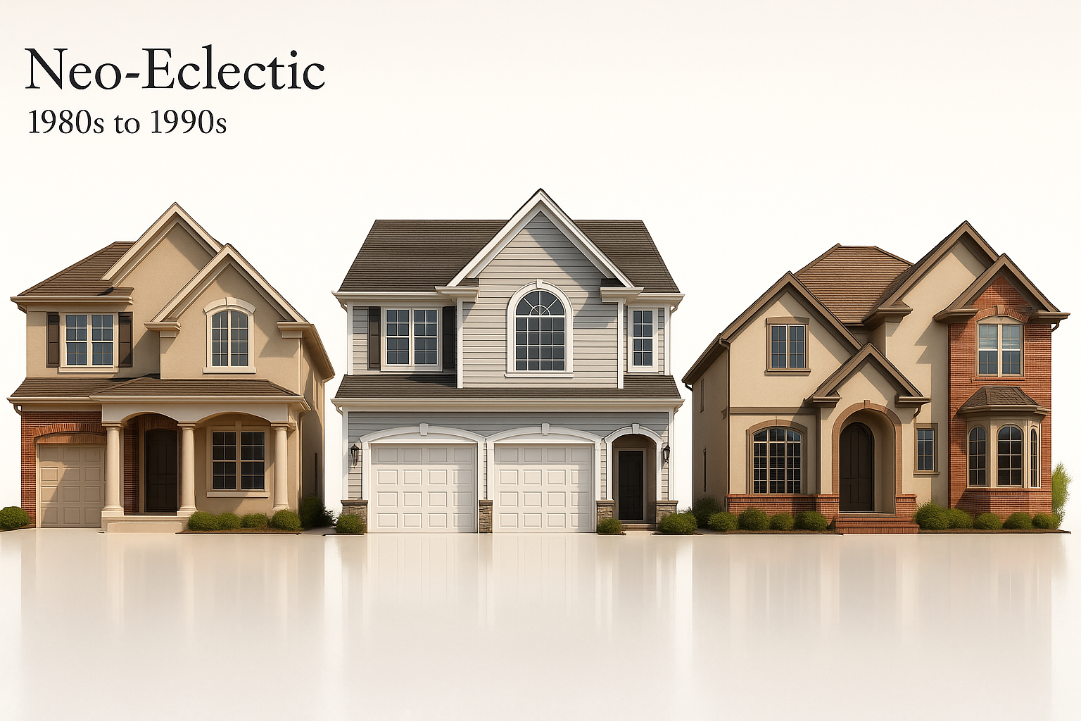 Neo-Eclectic houses with varied rooflines, mixed materials, and decorative historical details.