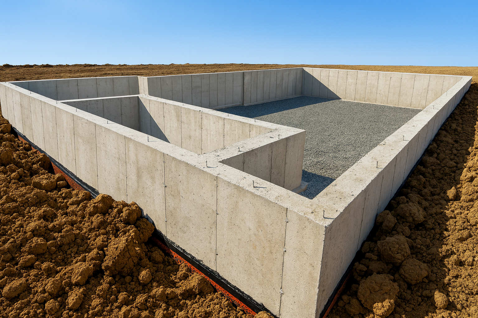 Concrete foundation with redesigned layout, surrounded by compacted soil.