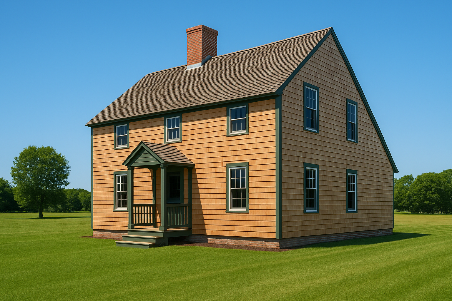 Front view of a newly built traditional saltbox-style house with wood siding.