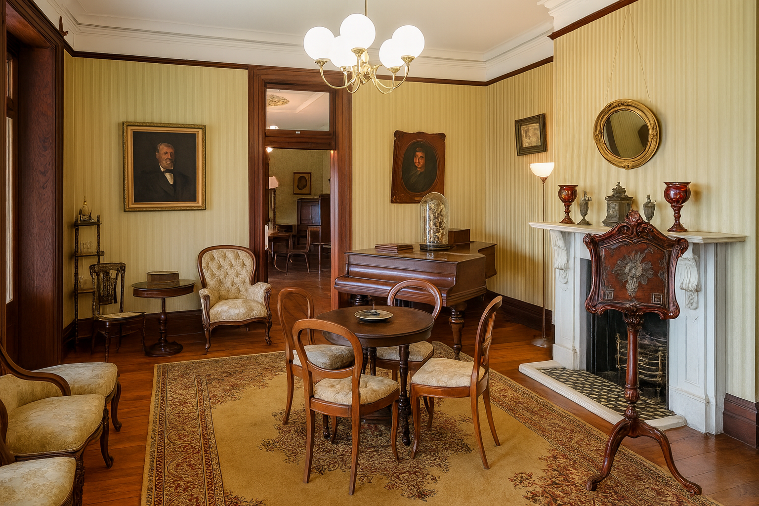 Victorian-era parlor inside Newstead House, Brisbane, with tall ceilings, ornate trim, and period furniture.