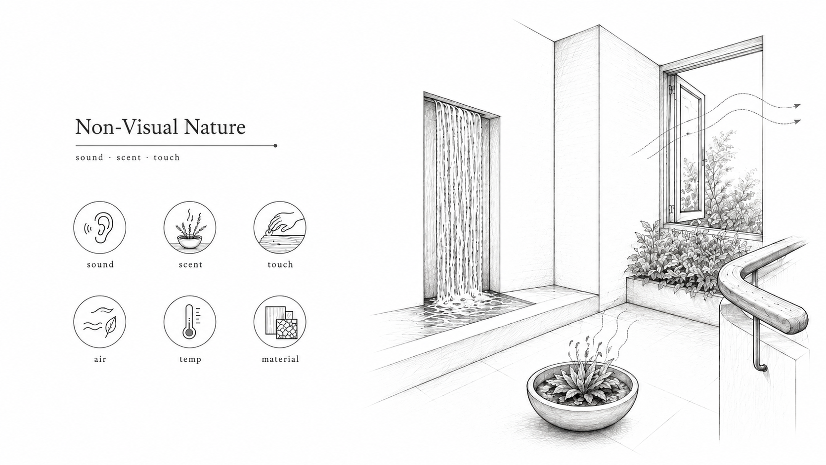 Architectural sketch showing non-visual connection with nature through sound, scent, touch, air movement, temperature, and natural materials.