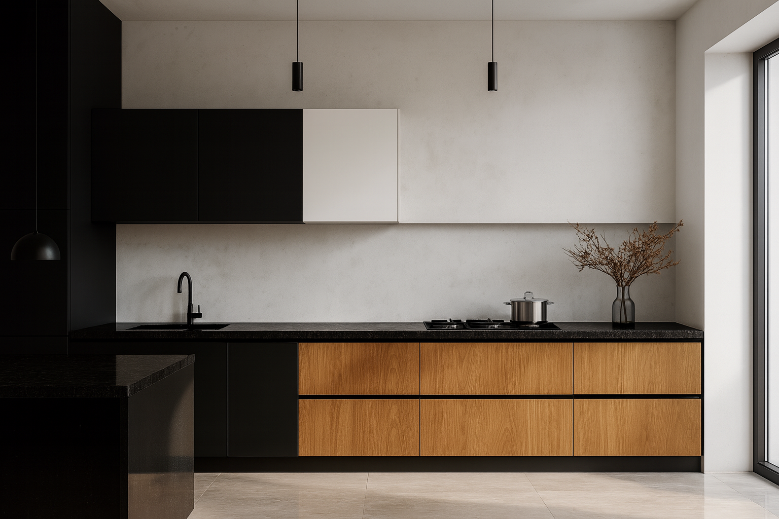 Modern kitchen with honey oak and black cabinetry, glossy black granite island, marble flooring, and minimalist pendant lights.