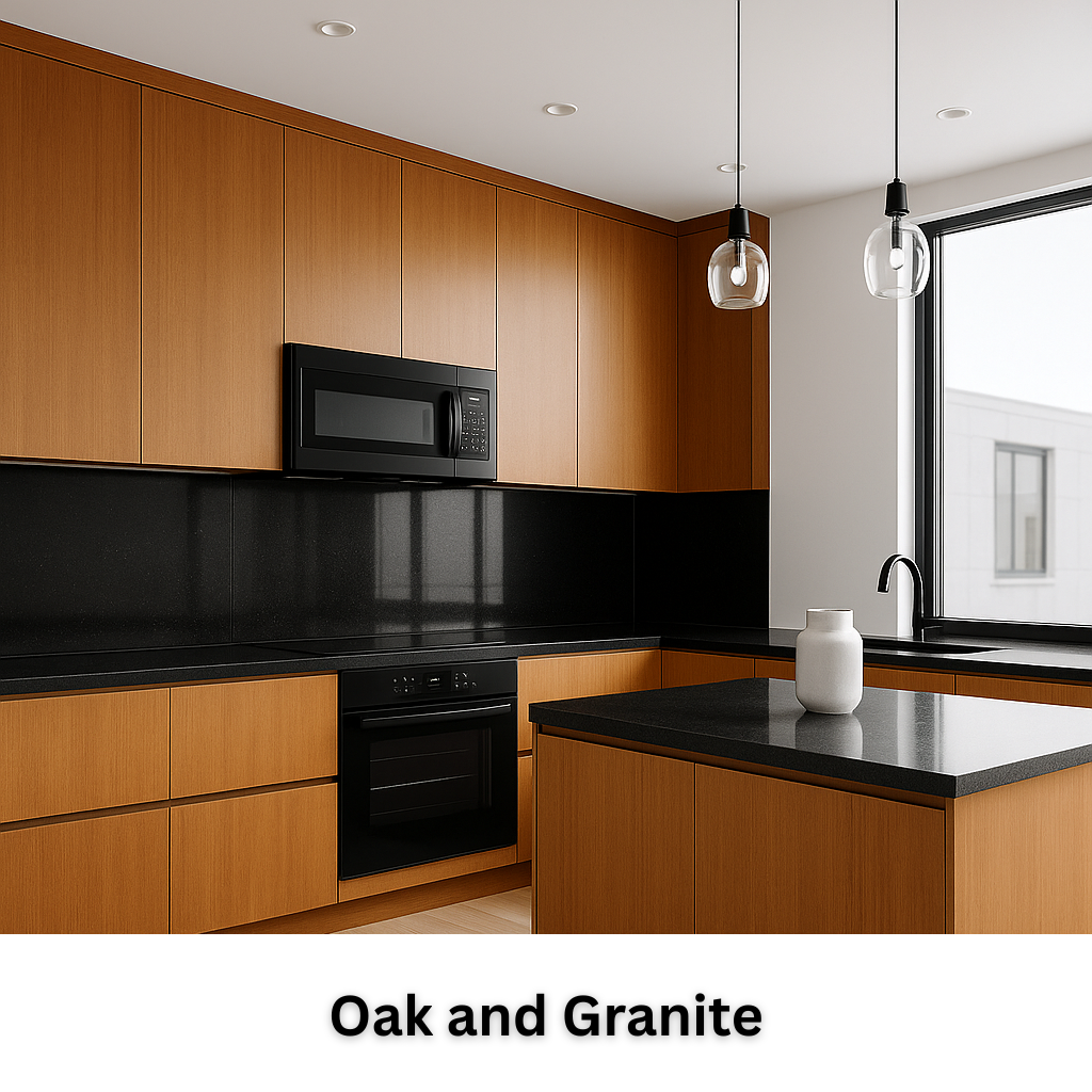 Kitchen with oak cabinets and black granite countertops.