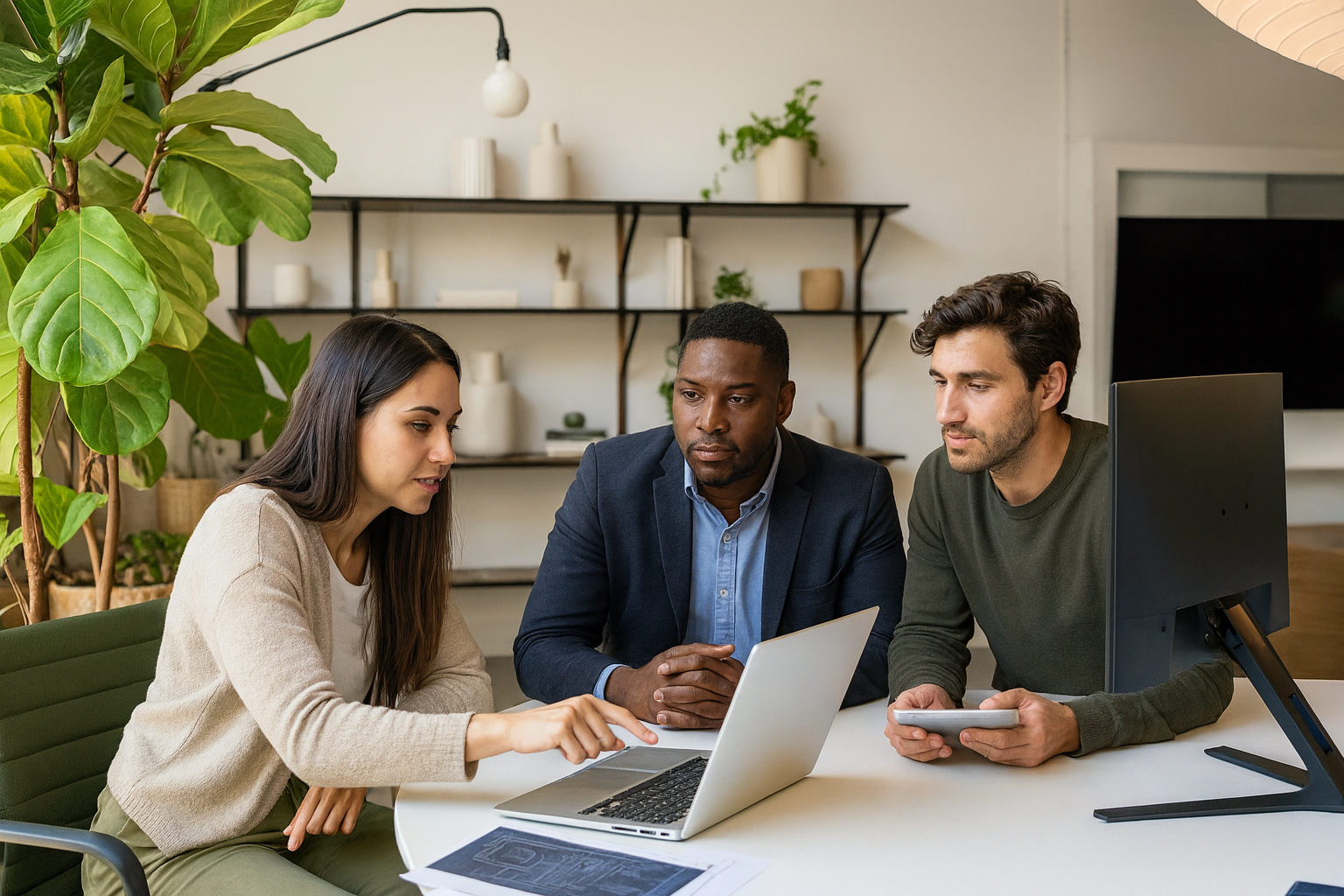 ffice meeting in a sustainable workspace with three professionals at a round table, surrounded by greenery and natural daylight.