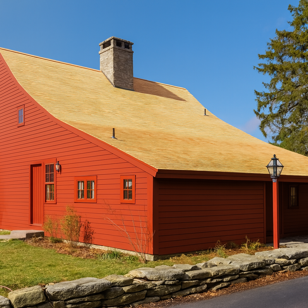 Restored red saltbox house with new cedar roof.