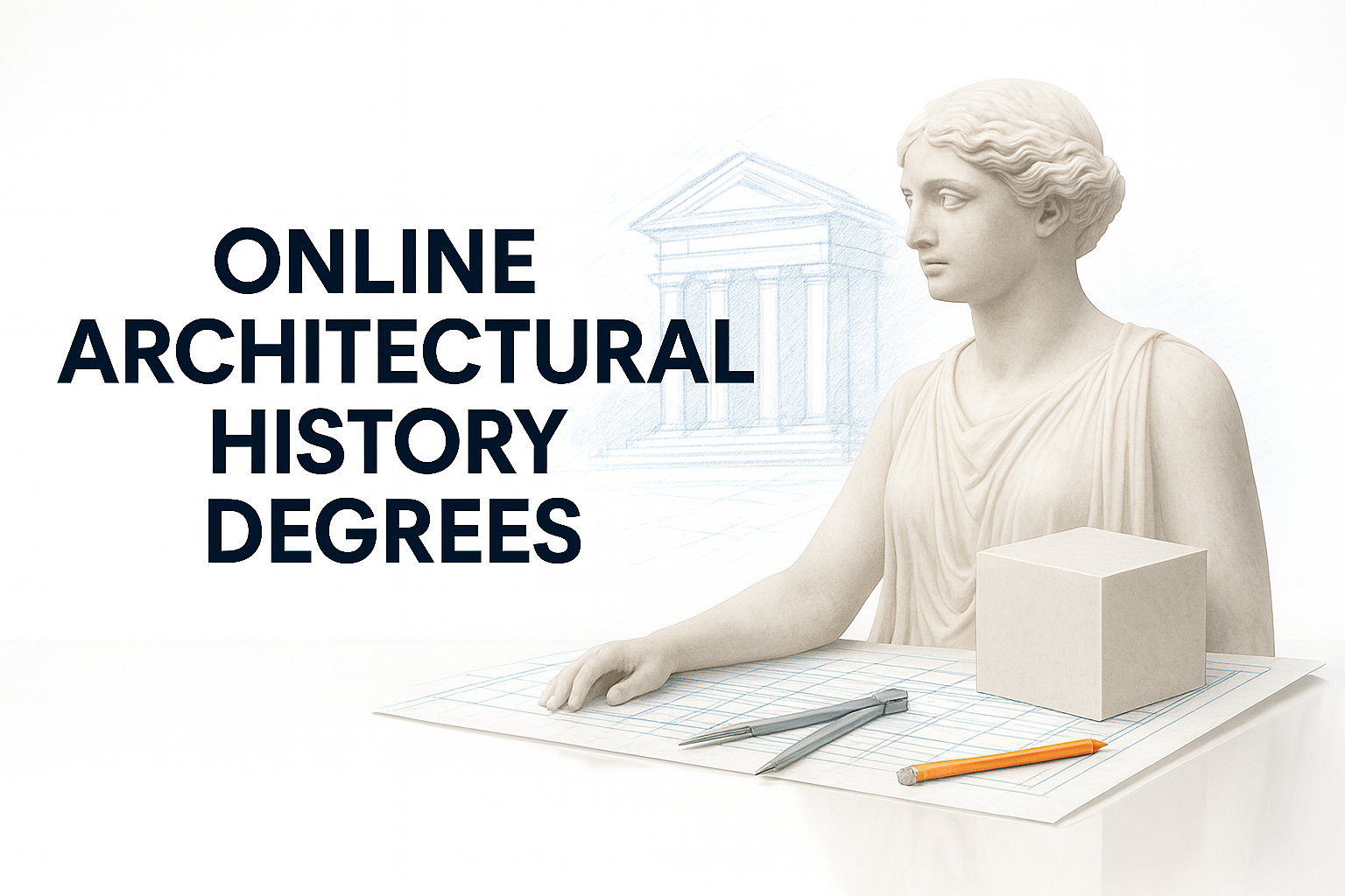 Statue with drafting tools and blueprints representing online architectural history degrees.