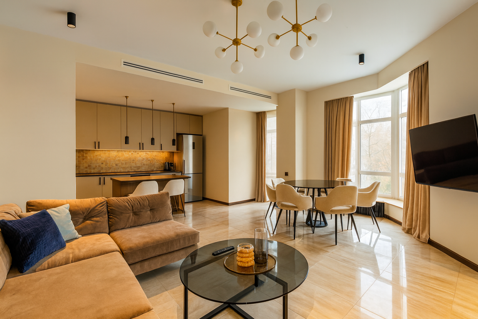 Open-plan interior with connected kitchen, dining, and living areas.