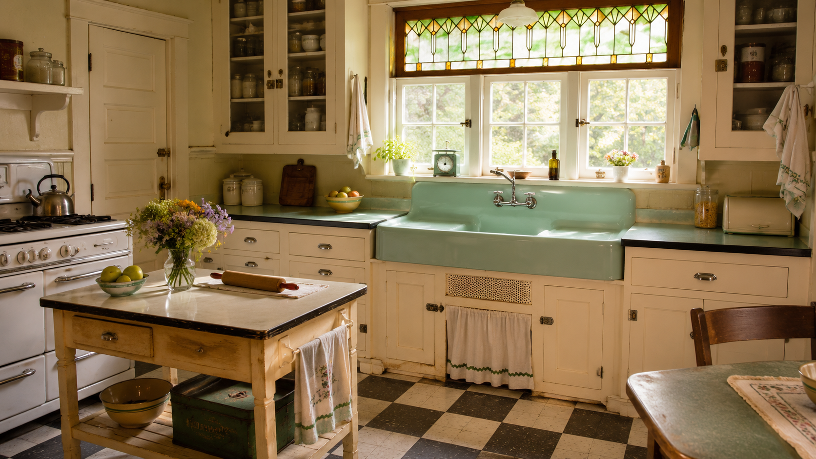 Restored 1930s kitchen with colored enamel sink, painted built-ins, checkerboard floor, and old stove.