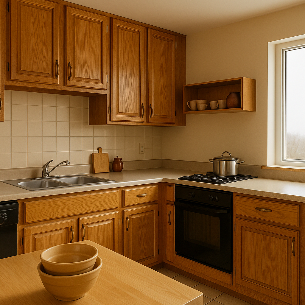 Outdated kitchen with honey oak cabinets, beige laminate counters, tiled backsplash, and cluttered surfaces.