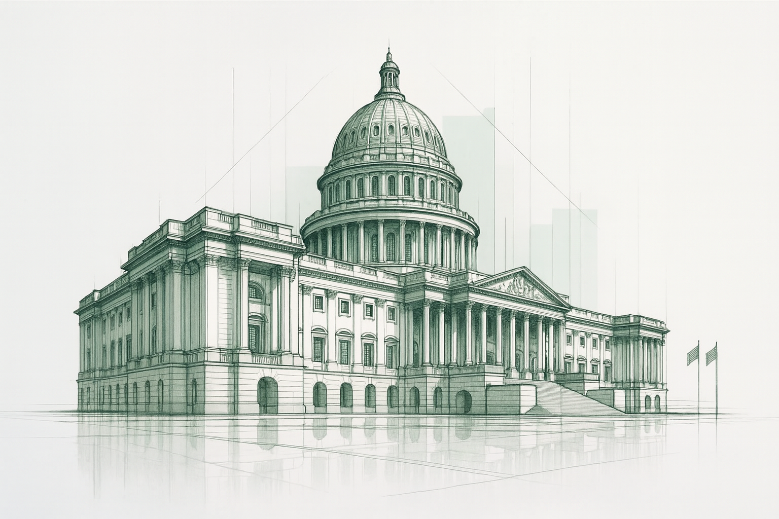 An architectural sketch of a neoclassical government building with dome and columns.