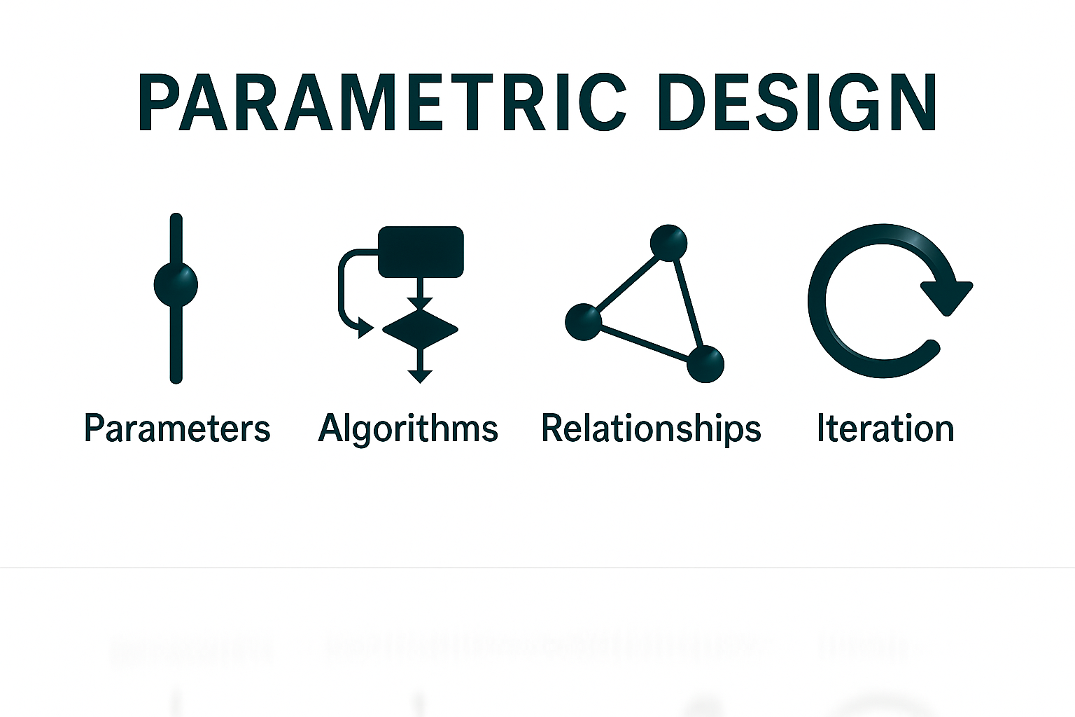 Visual guide showing parameters, algorithms, relationships, and iteration in parametric design.