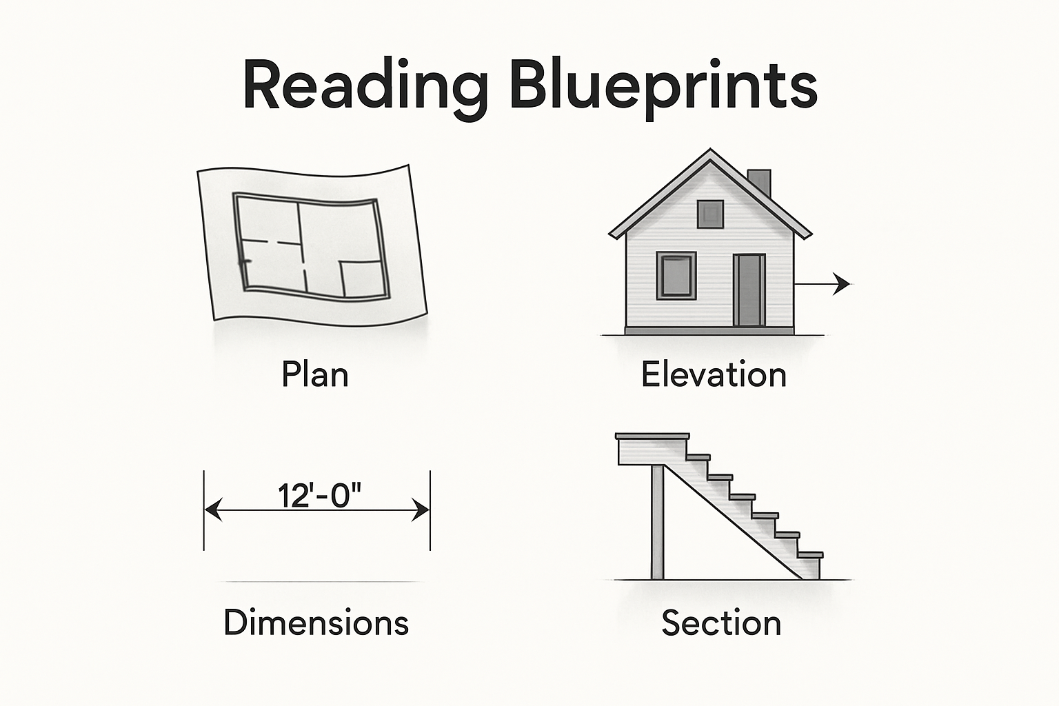 Simple illustration showing plan, elevation, dimensions, and section in blueprint reading.