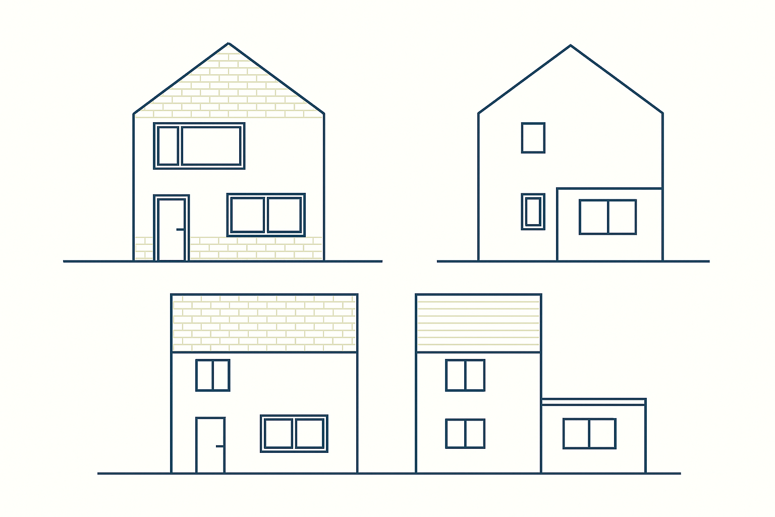 An architectural elevation drawings showing front, side, and rear views of a house.